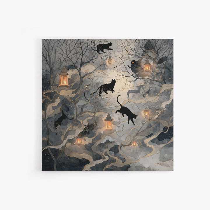 The Black Cat Constellation - Procession Scene, Macabre Halloween Art, Square Wall Art, Framed Canvas Print, Halloween Home Decor