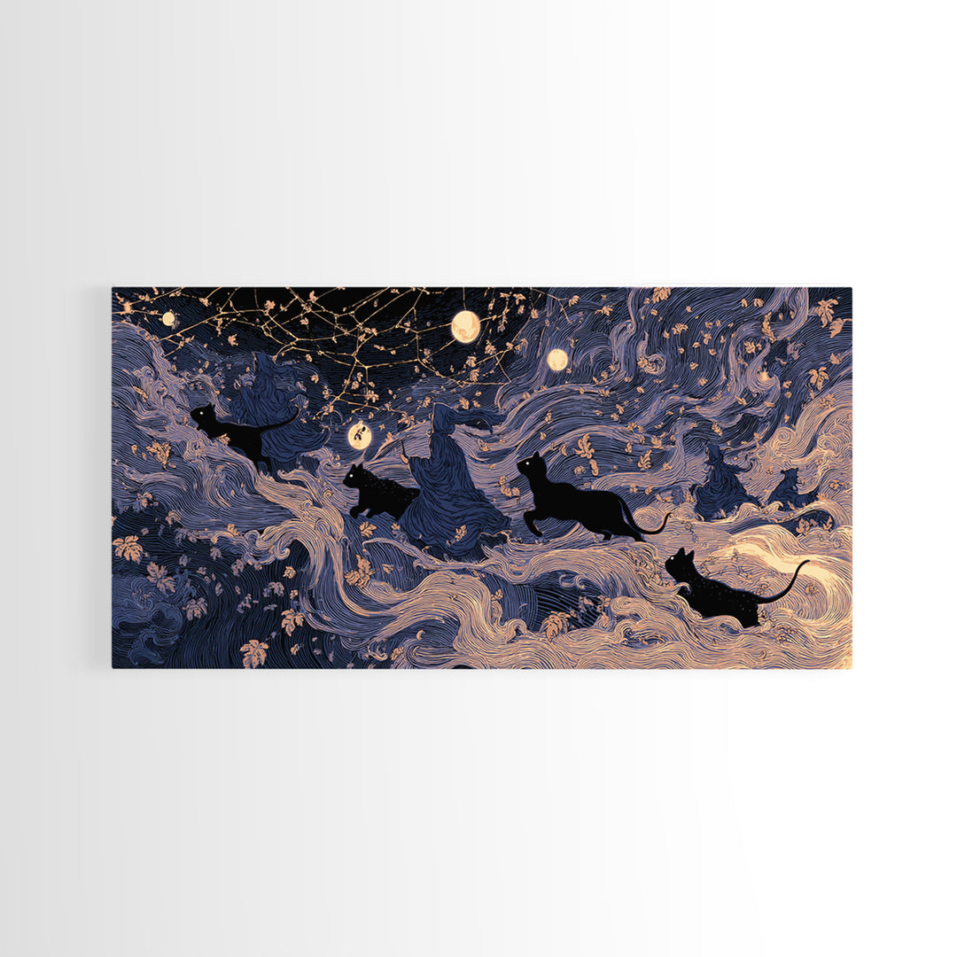 The Black Cat Constellation - Procession Scene, Occult Wall Decor, Wide Panoramic Art, Canvas Print, Halloween Home Decor, Gothic Wall Art