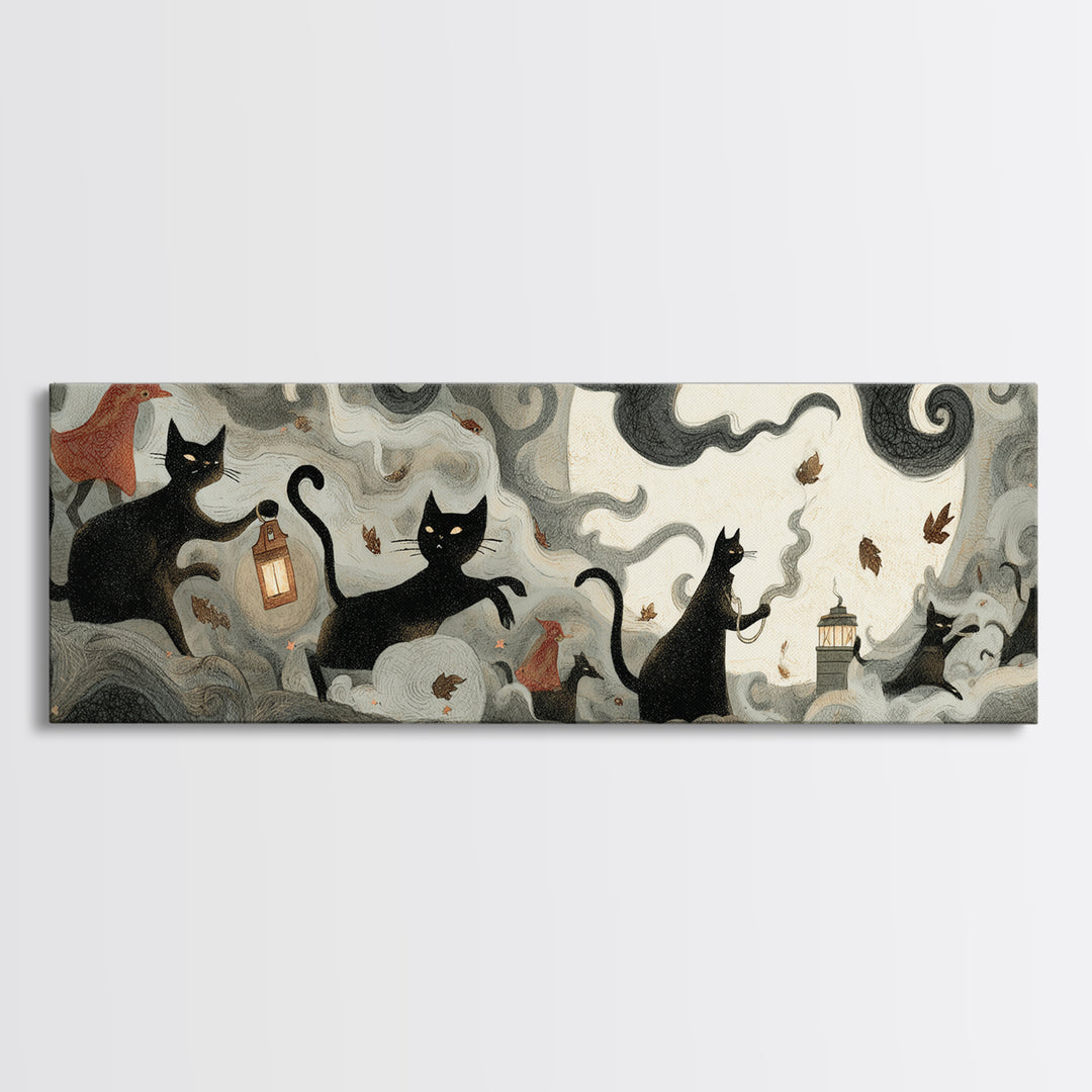 The Black Cat Constellation - Procession Scene, Gothic Home Decor, Extra Wide Wall Art, Canvas Print, Halloween Home Decor, Gothic Wall Art