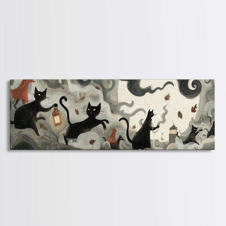 The Black Cat Constellation - Procession Scene, Gothic Home Decor, Extra Wide Wall Art, Canvas Print, Halloween Home Decor, Gothic Wall Art