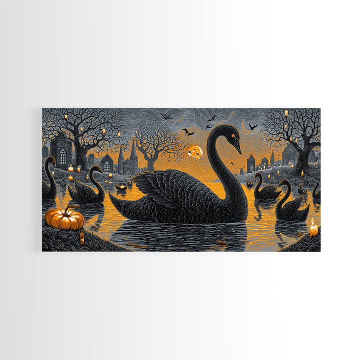 The Cemetery Swan Lake - Icon Portrait, Halloween Wall Art, Wide Panoramic Art, Framed Canvas Print, Halloween Home Decor, Gothic Wall Art
