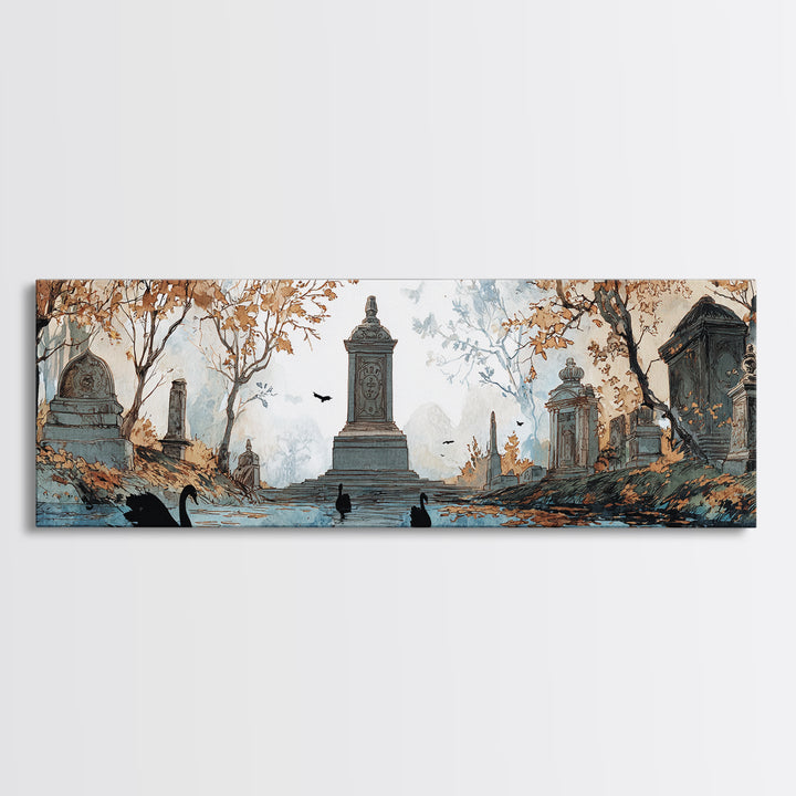 The Cemetery Swan Lake - Icon Portrait, Gothic Home Decor, Extra Wide Wall Art, Canvas Print, Halloween Home Decor, Gothic Wall Art