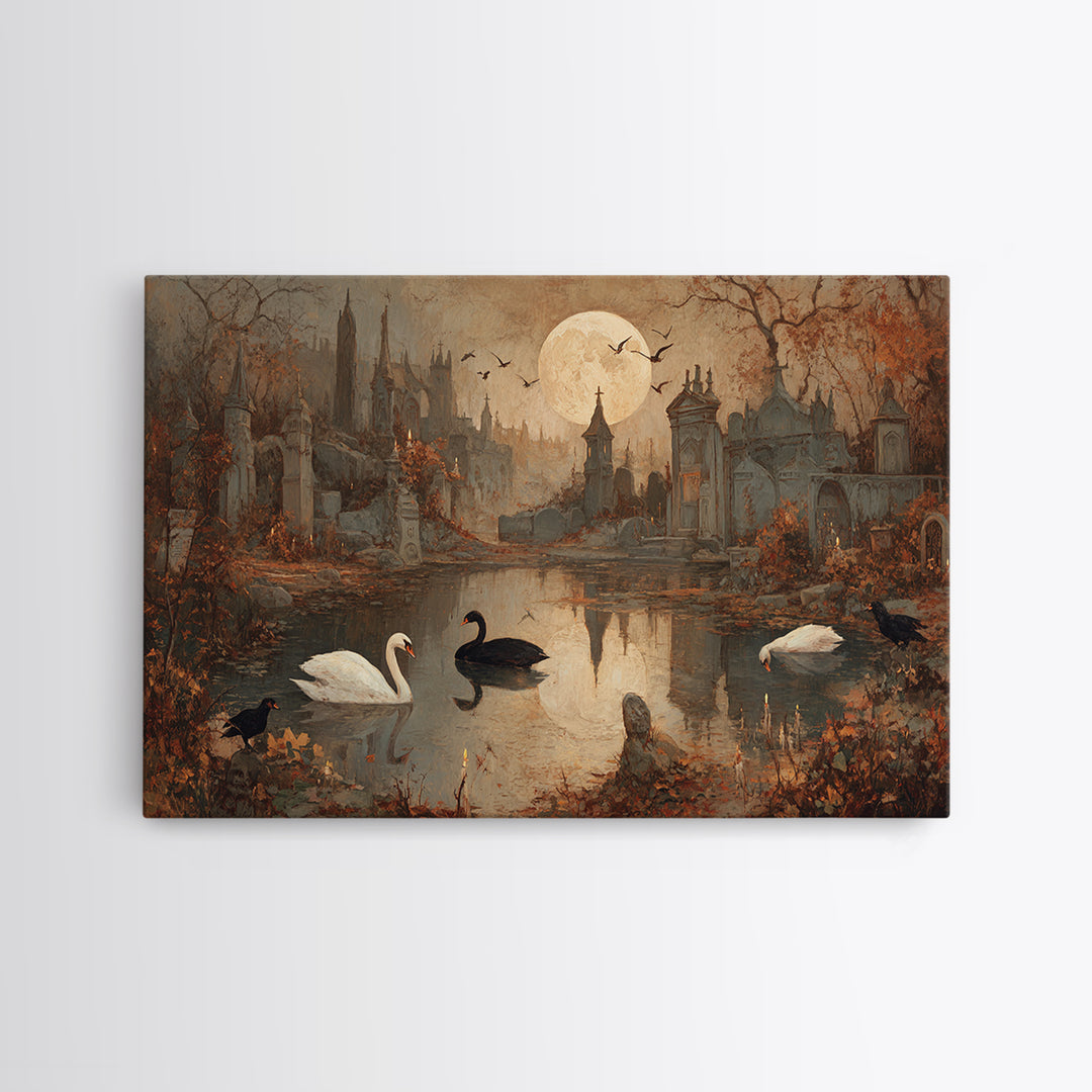 The Cemetery Swan Lake - Environmental Panorama, Occult Wall Decor, Landscape Wall Art, Canvas Print, Halloween Home Decor, Gothic Wall Art