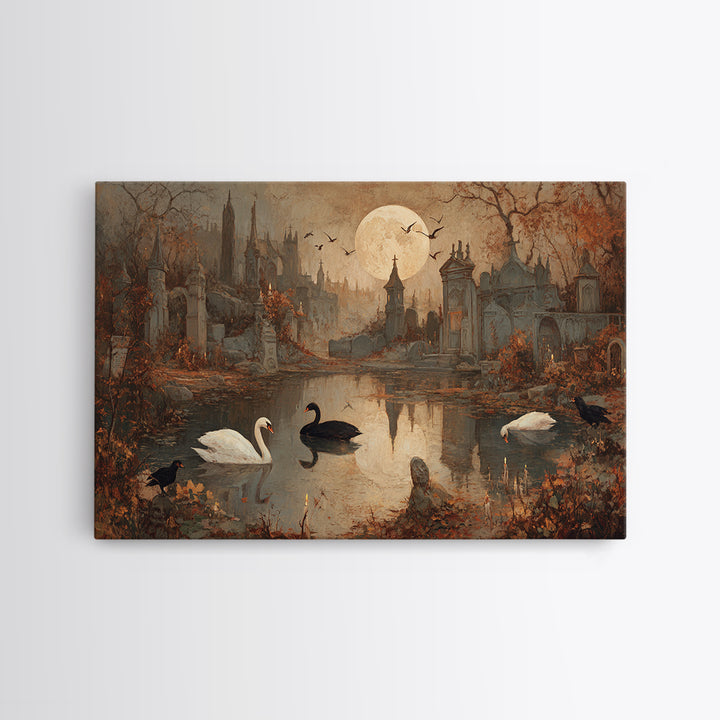 The Cemetery Swan Lake - Environmental Panorama, Occult Wall Decor, Landscape Wall Art, Canvas Print, Halloween Home Decor, Gothic Wall Art