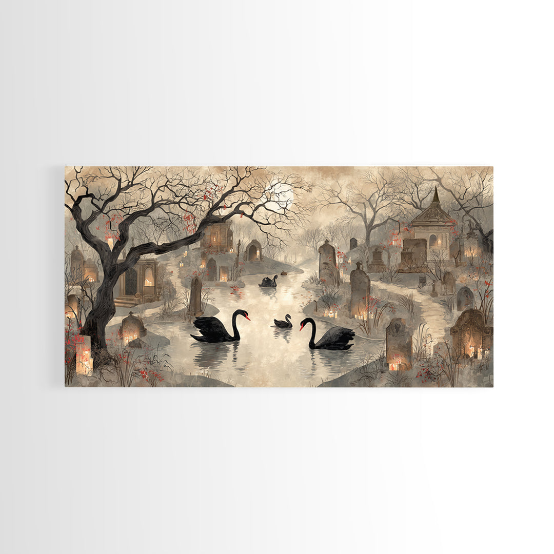 The Cemetery Swan Lake - Environmental Panorama, Dark Fantasy Wall Art, Wide Panoramic Art, Canvas Print, Halloween Home Decor