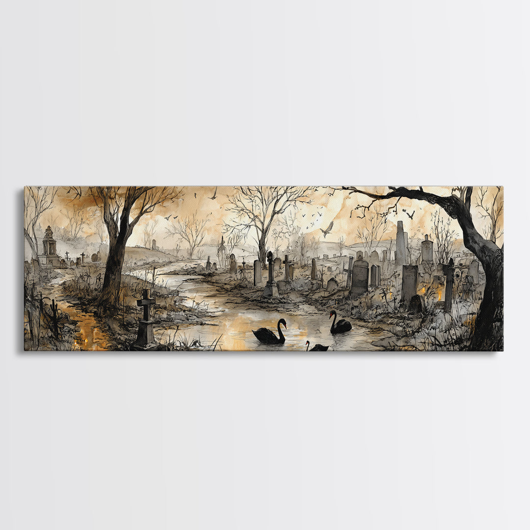 The Cemetery Swan Lake - Environmental Panorama, Halloween Wall Art, Extra Wide Wall Art, Framed Canvas Print, Halloween Home Decor