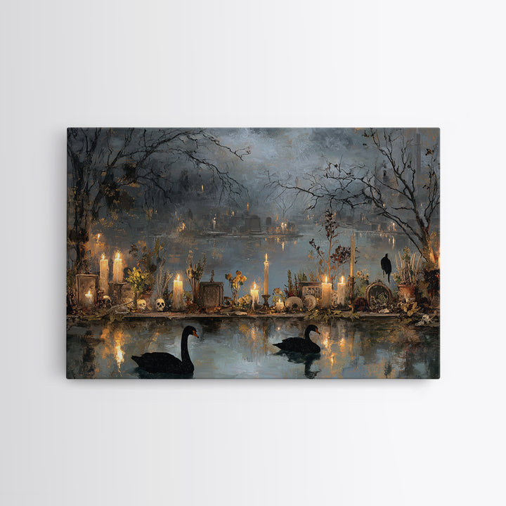 The Cemetery Swan Lake - Occult Still Life, Dark Fantasy Wall Art, Landscape Wall Art, Canvas Print, Halloween Home Decor, Gothic Wall Art