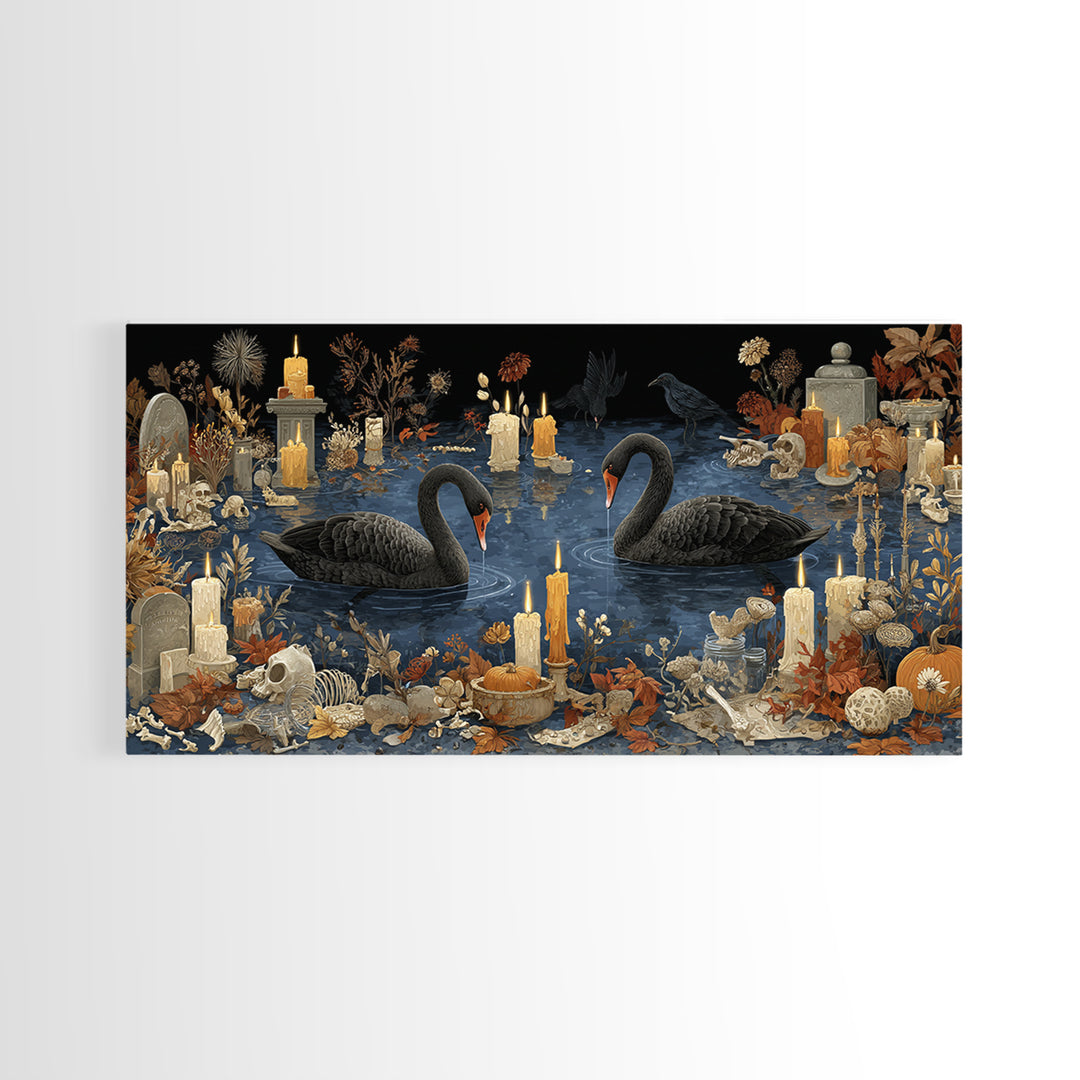 The Cemetery Swan Lake - Occult Still Life, Halloween Wall Art, Wide Panoramic Art, Framed Canvas Print, Halloween Home Decor