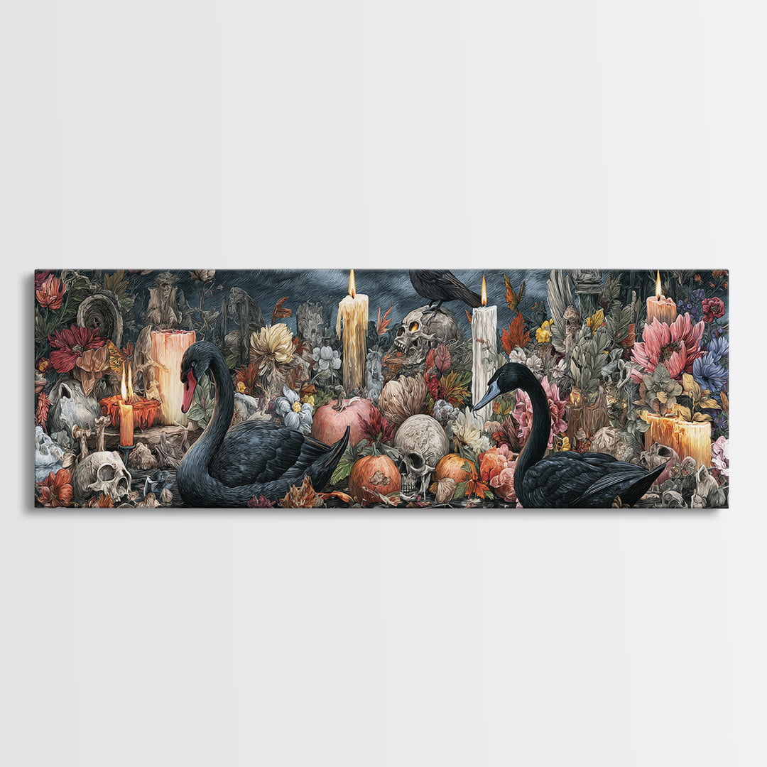 The Cemetery Swan Lake - Occult Still Life, Occult Wall Decor, Extra Wide Wall Art, Canvas Print, Halloween Home Decor, Gothic Wall Art