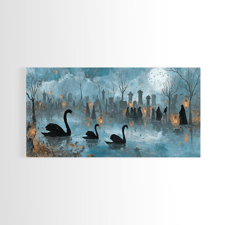 The Cemetery Swan Lake - Procession Scene, Spooky Wall Decor, Wide Panoramic Art, Framed Canvas Print, Halloween Home Decor, Gothic Wall Art