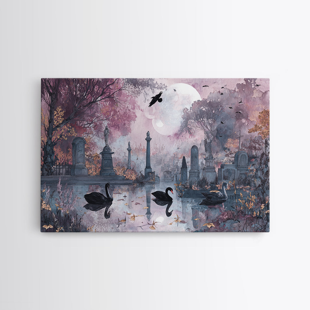 The Cemetery Swan Lake - Surreal Celestial Vision, Macabre Halloween Art, Landscape Wall Art, Framed Canvas Print, Halloween Home Decor