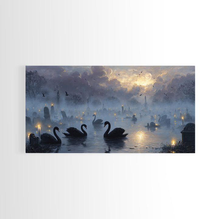 The Cemetery Swan Lake - Surreal Celestial Vision, Halloween Wall Art, Wide Panoramic Art, Framed Canvas Print, Halloween Home Decor