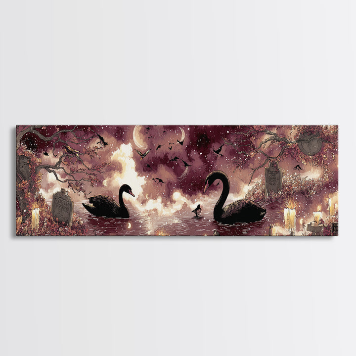 The Cemetery Swan Lake - Surreal Celestial Vision, Gothic Home Decor, Extra Wide Wall Art, Canvas Print, Halloween Home Decor