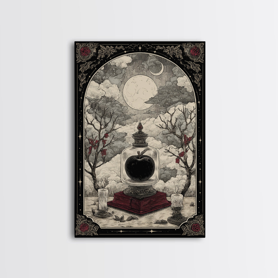 The Poison Apple Reliquary - Surreal Celestial Vision, Spooky Wall Decor, Vertical Wall Art, Framed Canvas Print, Halloween Home Decor