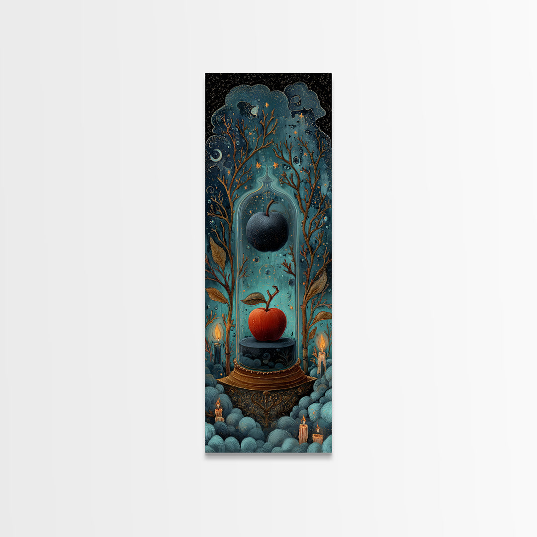 The Poison Apple Reliquary - Surreal Celestial Vision, Gothic Home Decor, Tall Narrow Wall Art, Canvas Print, Halloween Home Decor