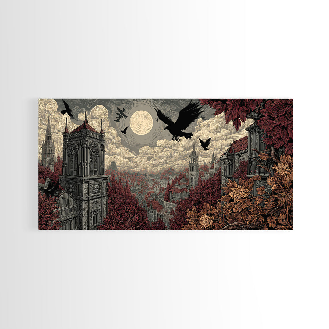 The Gargoyle Rooftop Choir - Environmental Panorama, Dark Fantasy Wall Art, Wide Panoramic Art, Canvas Print, Halloween Home Decor