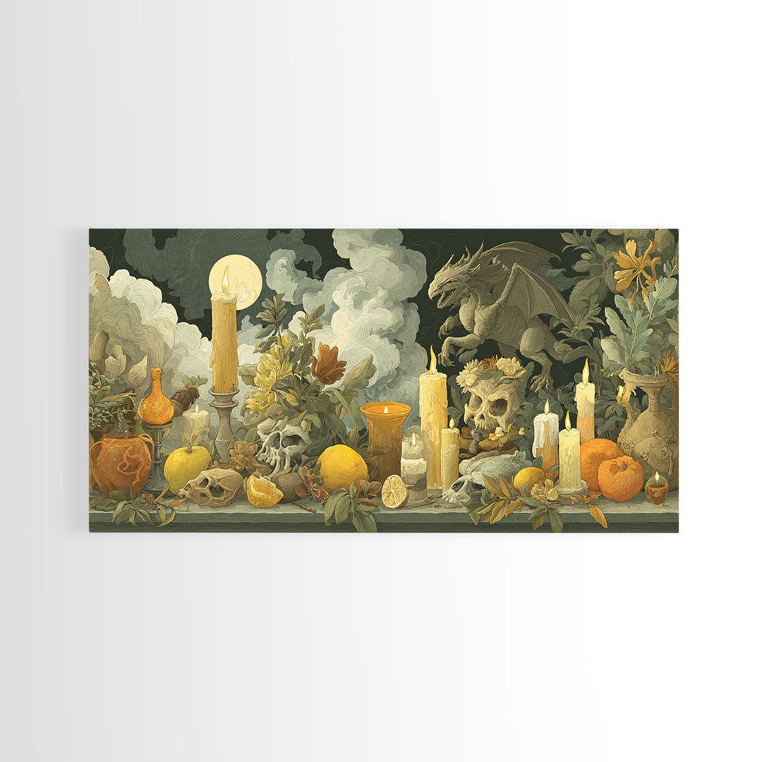 The Gargoyle Rooftop Choir - Occult Still Life, Gothic Home Decor, Wide Panoramic Art, Canvas Print, Halloween Home Decor, Gothic Wall Art