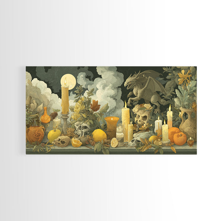 The Gargoyle Rooftop Choir - Occult Still Life, Gothic Home Decor, Wide Panoramic Art, Canvas Print, Halloween Home Decor, Gothic Wall Art