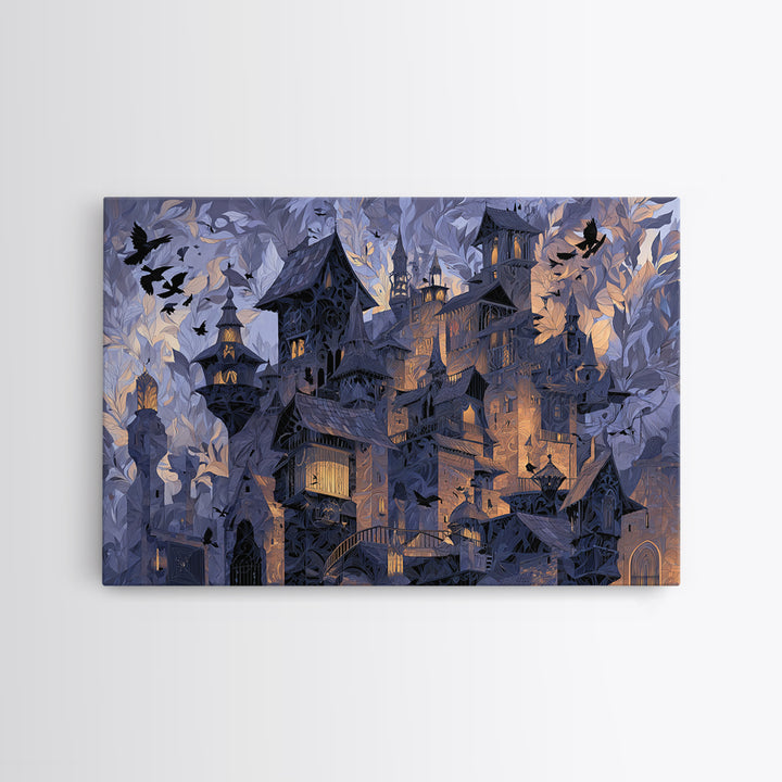 The Gargoyle Rooftop Choir - Procession Scene, Macabre Halloween Art, Landscape Wall Art, Framed Canvas Print, Halloween Home Decor