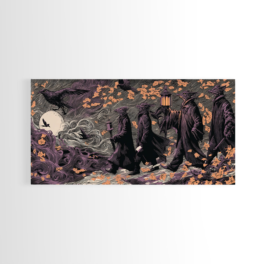 The Gargoyle Rooftop Choir - Procession Scene, Spooky Wall Decor, Wide Panoramic Art, Framed Canvas Print, Halloween Home Decor