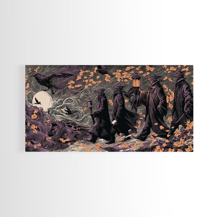 The Gargoyle Rooftop Choir - Procession Scene, Spooky Wall Decor, Wide Panoramic Art, Framed Canvas Print, Halloween Home Decor