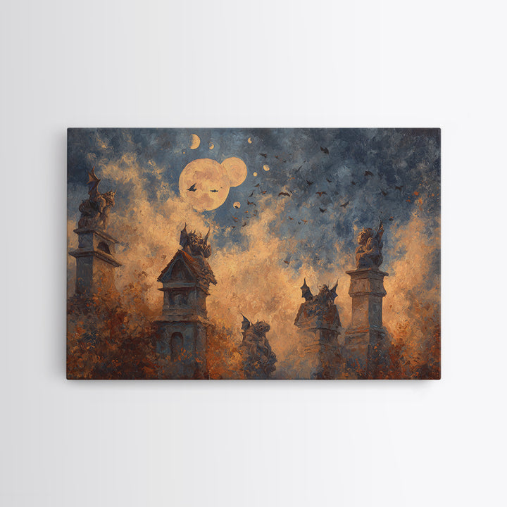 The Gargoyle Rooftop Choir - Surreal Celestial Vision, Halloween Wall Art, Landscape Wall Art, Framed Canvas Print, Halloween Home Decor