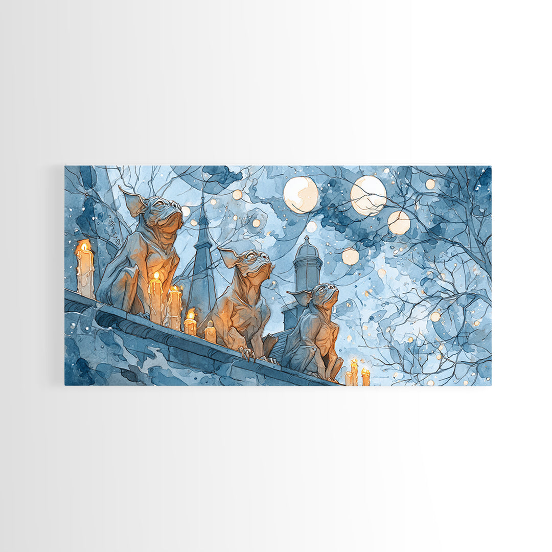 The Gargoyle Rooftop Choir - Surreal Celestial Vision, Macabre Halloween Art, Wide Panoramic Art, Framed Canvas Print, Halloween Home Decor
