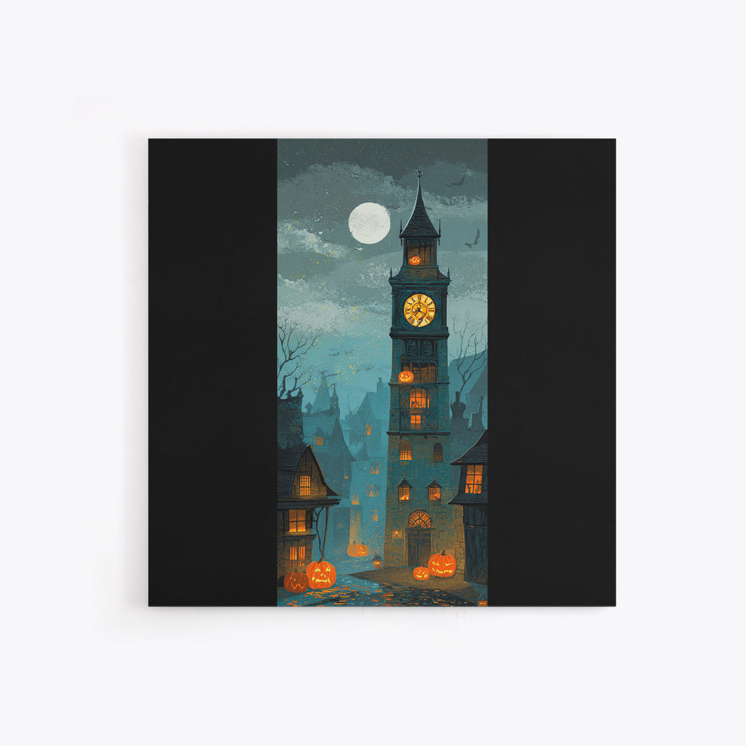 The October Clock Tower - Icon Portrait, Spooky Wall Decor, Square Wall Art, Framed Canvas Print, Halloween Home Decor, Gothic Wall Art