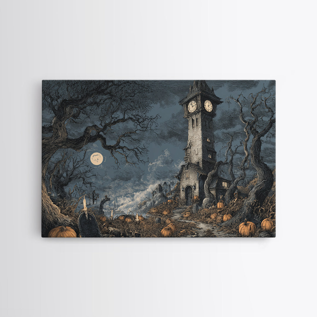 The October Clock Tower - Environmental Panorama, Gothic Home Decor, Landscape Wall Art, Canvas Print, Halloween Home Decor, Gothic Wall Art