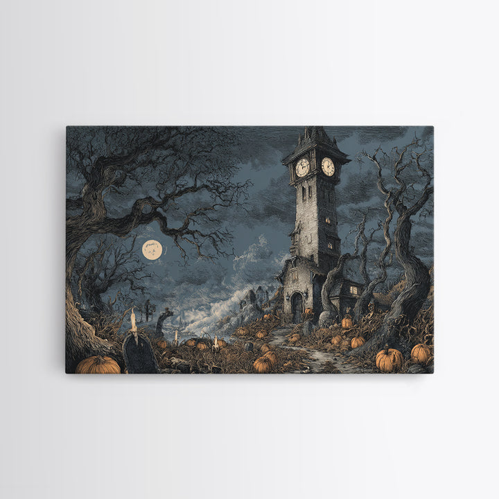 The October Clock Tower - Environmental Panorama, Gothic Home Decor, Landscape Wall Art, Canvas Print, Halloween Home Decor, Gothic Wall Art