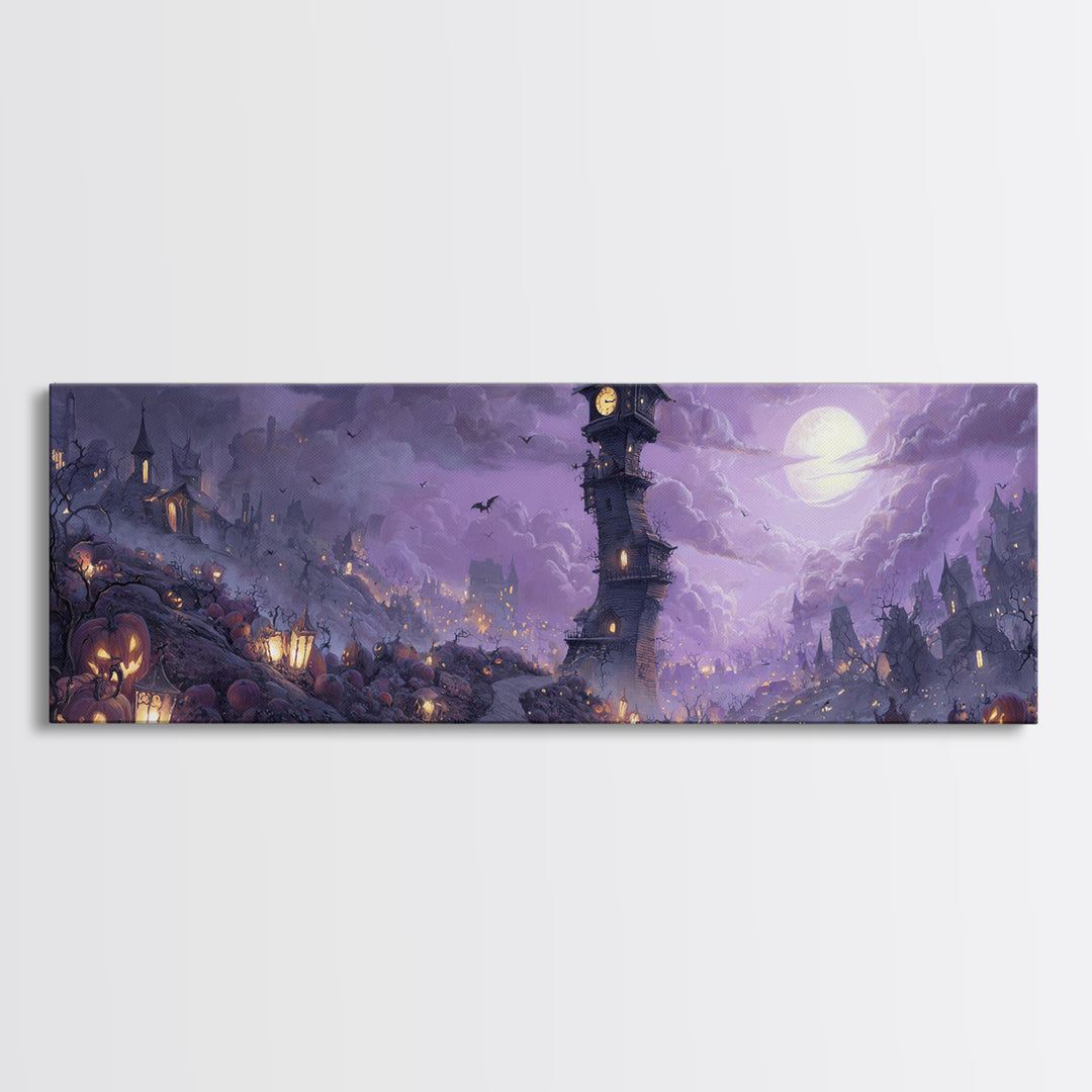 The October Clock Tower - Environmental Panorama, Spooky Wall Decor, Extra Wide Wall Art, Framed Canvas Print, Halloween Home Decor