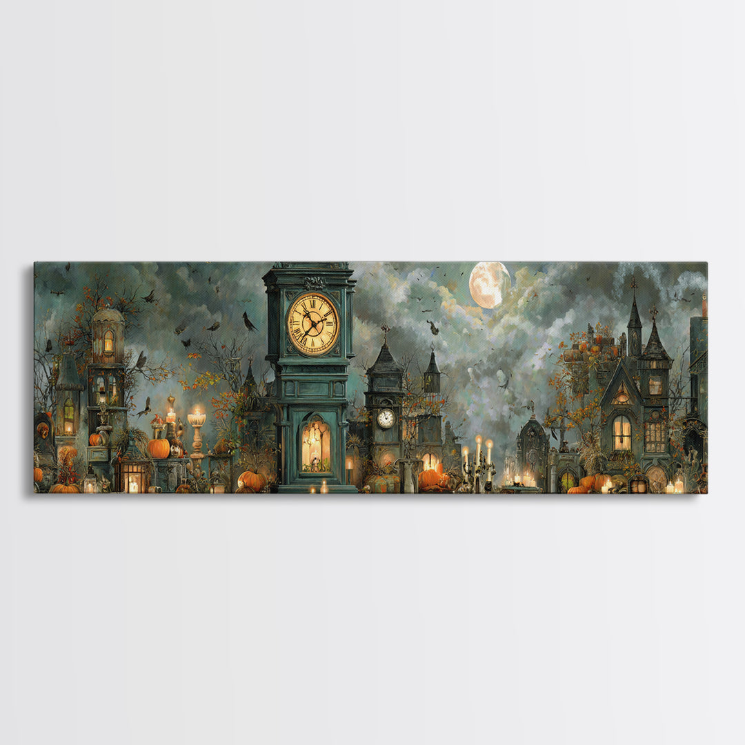 The October Clock Tower - Occult Still Life, Dark Fantasy Wall Art, Extra Wide Wall Art, Canvas Print, Halloween Home Decor, Gothic Wall Art