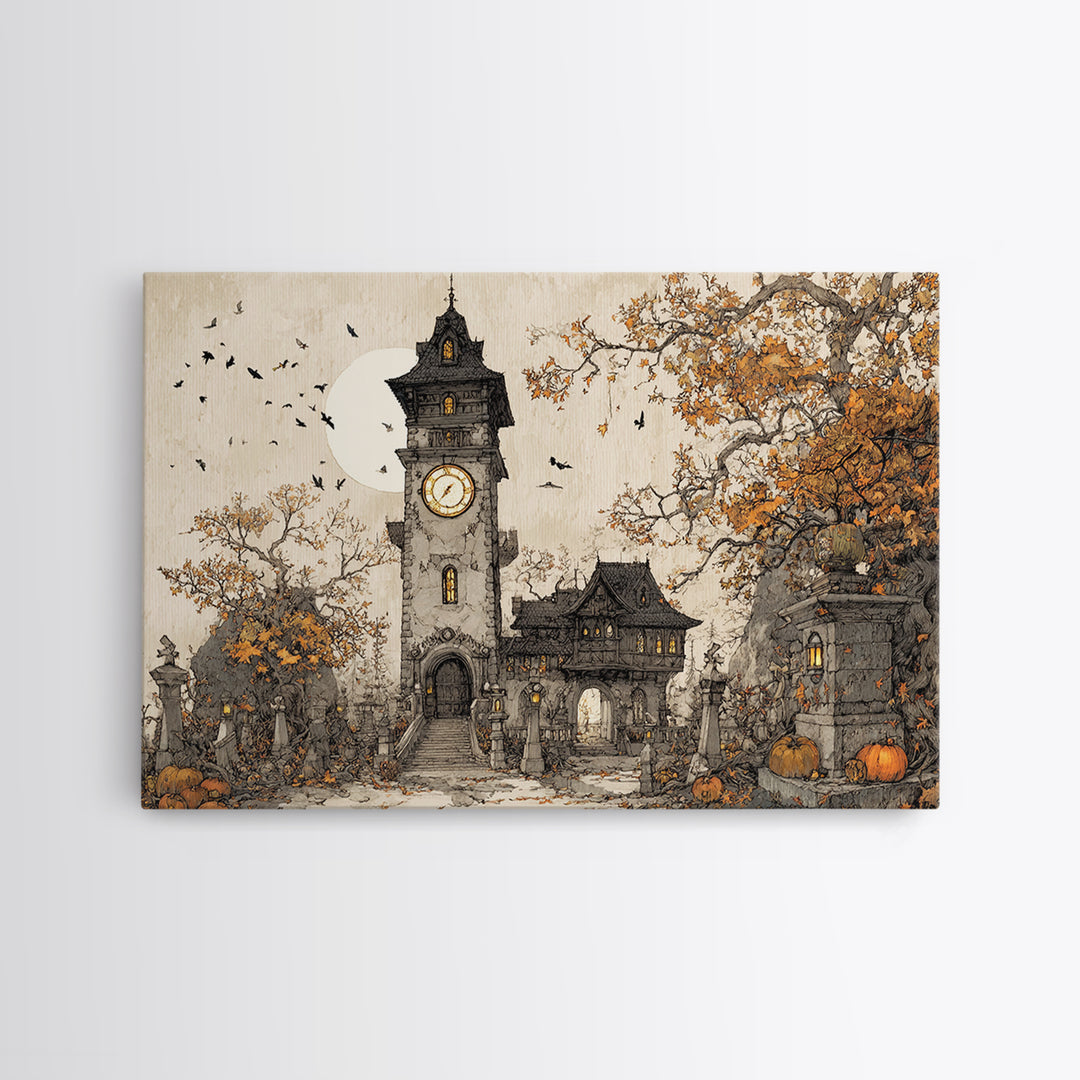 The October Clock Tower - Procession Scene, Dark Fantasy Wall Art, Landscape Wall Art, Canvas Print, Halloween Home Decor, Gothic Wall Art