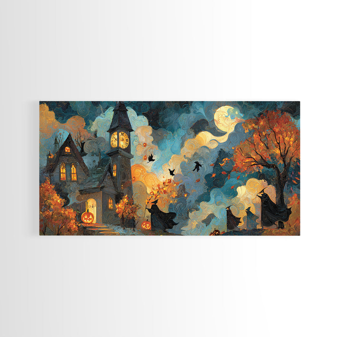 The October Clock Tower - Procession Scene, Halloween Wall Art, Wide Panoramic Art, Framed Canvas Print, Halloween Home Decor