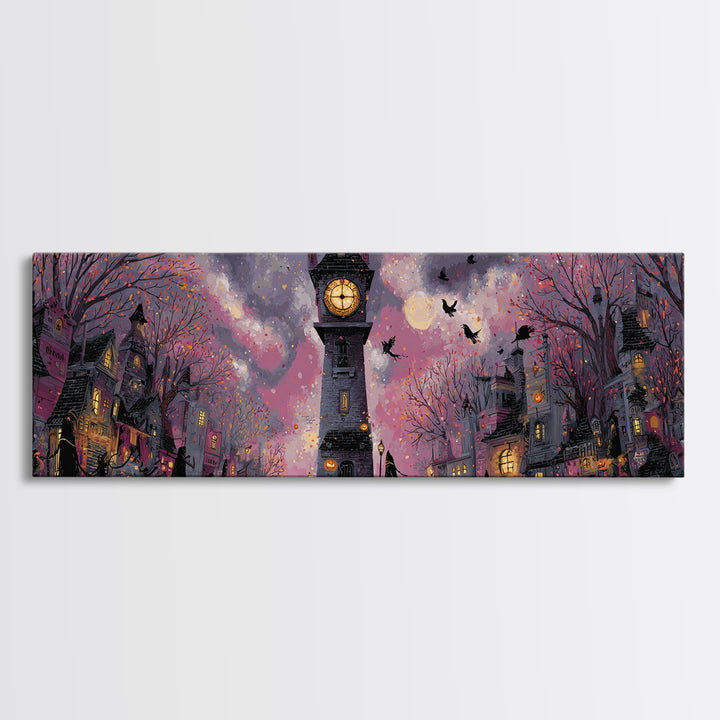 The October Clock Tower - Procession Scene, Gothic Home Decor, Extra Wide Wall Art, Canvas Print, Halloween Home Decor, Gothic Wall Art