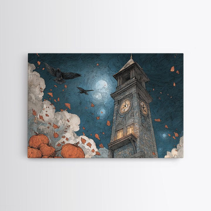 The October Clock Tower - Surreal Celestial Vision, Halloween Wall Art, Landscape Wall Art, Framed Canvas Print, Halloween Home Decor