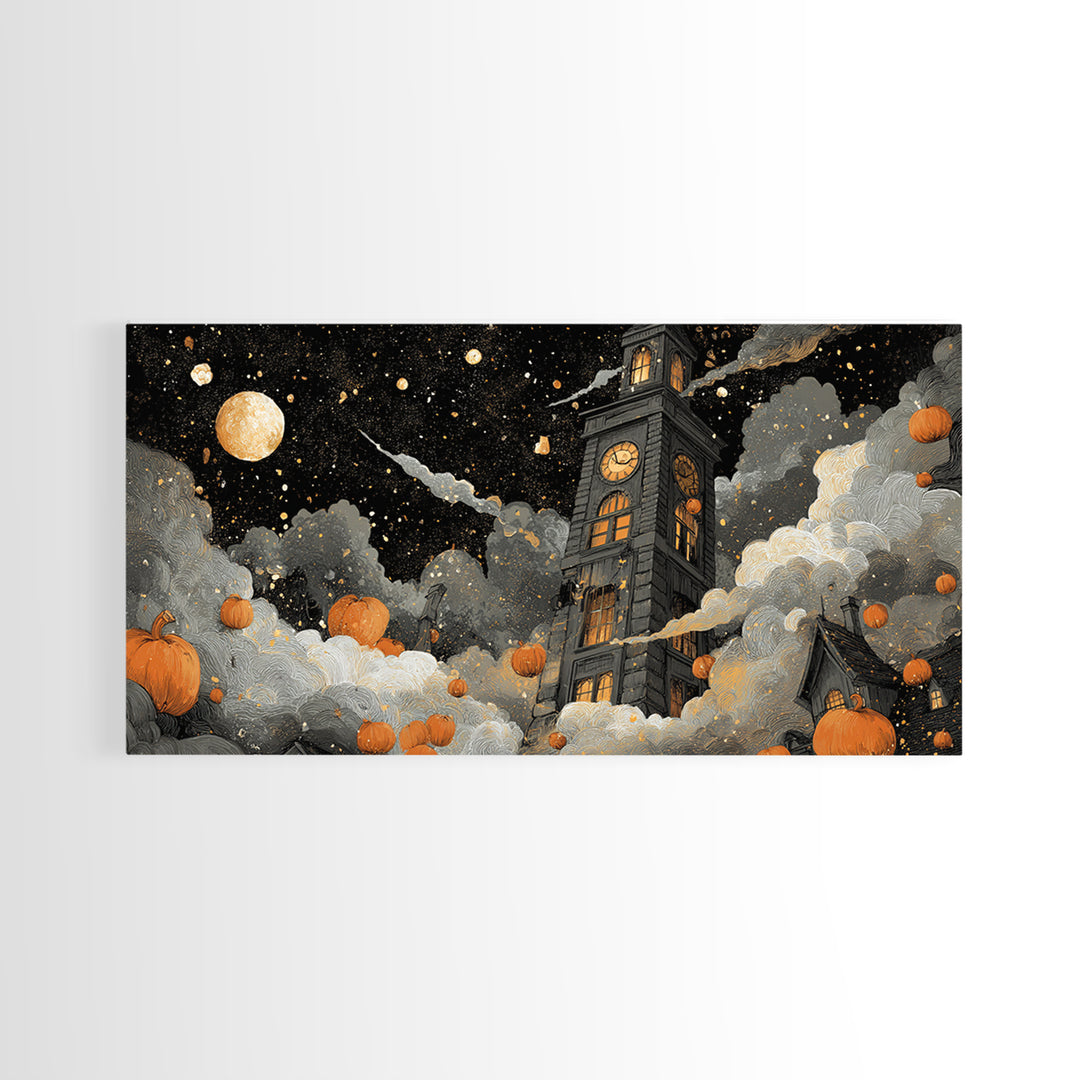 The October Clock Tower - Surreal Celestial Vision, Spooky Wall Decor, Wide Panoramic Art, Framed Canvas Print, Halloween Home Decor