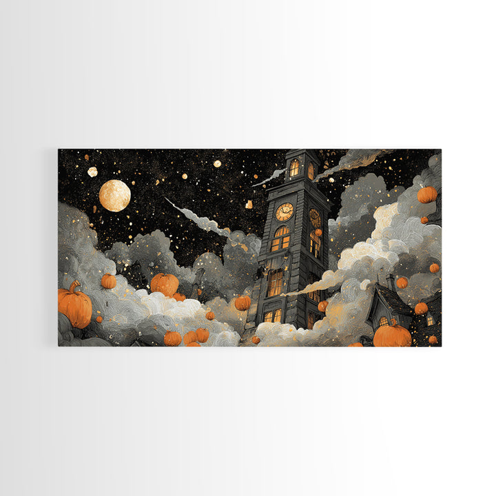 The October Clock Tower - Surreal Celestial Vision, Spooky Wall Decor, Wide Panoramic Art, Framed Canvas Print, Halloween Home Decor