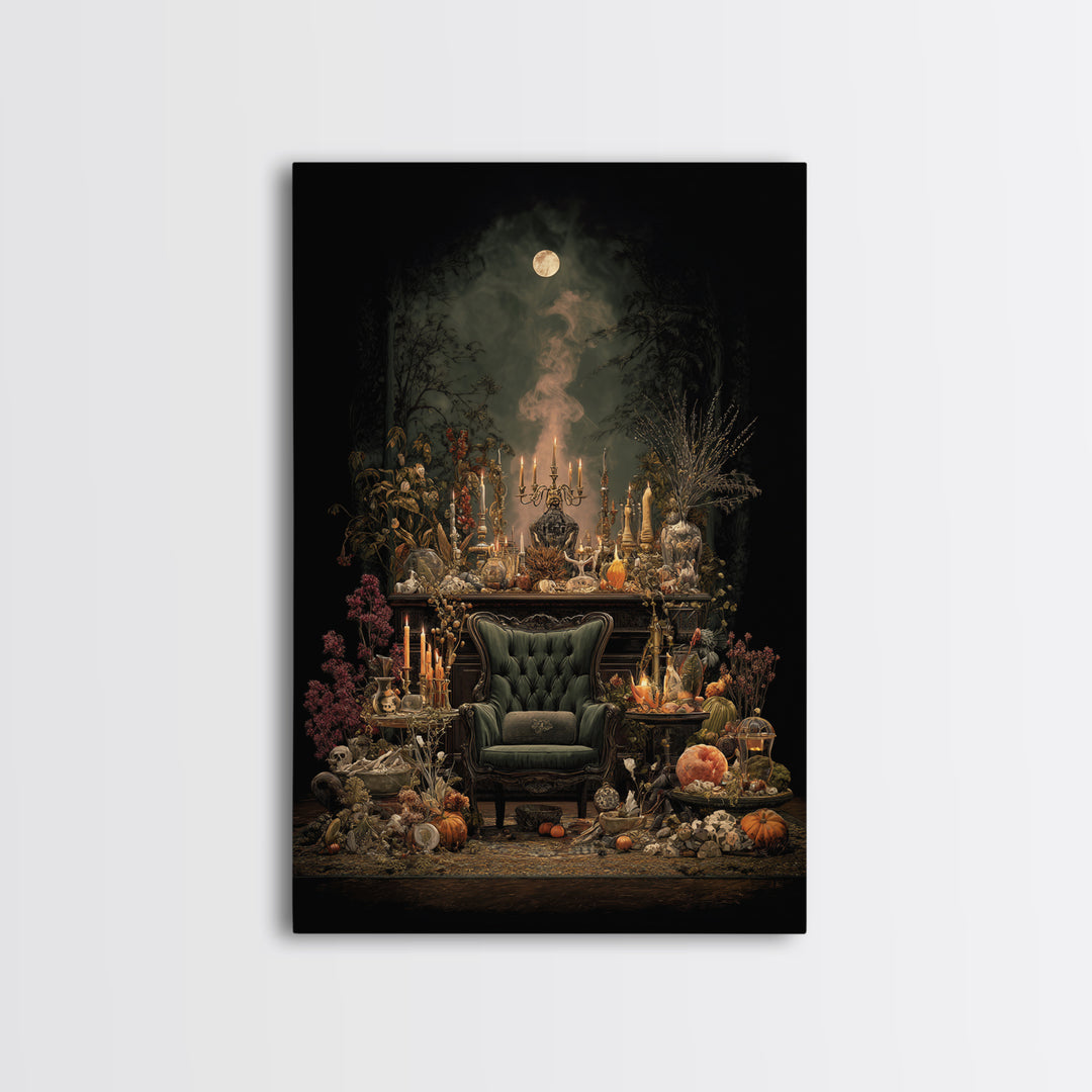 The Spider Queen Parlor - Occult Still Life, Spooky Wall Decor, Vertical Wall Art, Framed Canvas Print, Halloween Home Decor