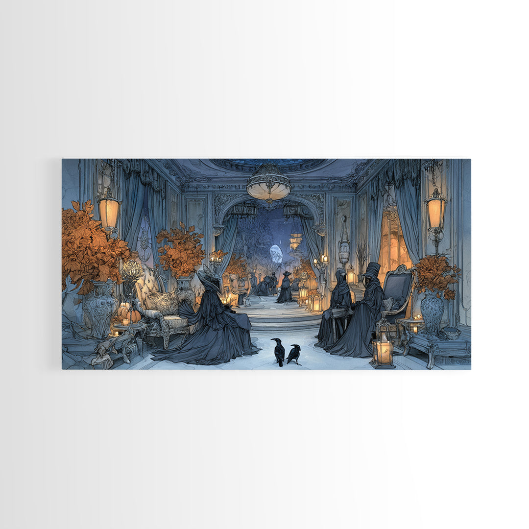 The Spider Queen Parlor - Procession Scene, Spooky Wall Decor, Wide Panoramic Art, Framed Canvas Print, Halloween Home Decor