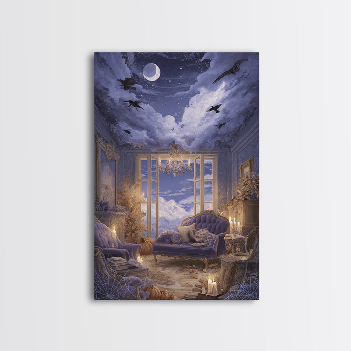 The Spider Queen Parlor - Surreal Celestial Vision, Macabre Halloween Art, Vertical Wall Art, Framed Canvas Print, Halloween Home Decor