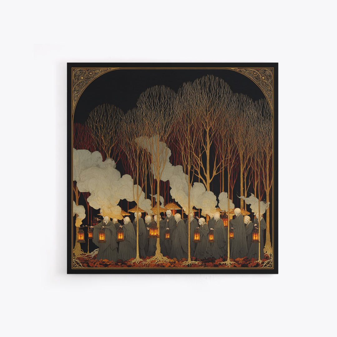 The Golden Funeral Procession - Icon Portrait, Spooky Wall Decor, Square Wall Art, Framed Canvas Print, Halloween Home Decor