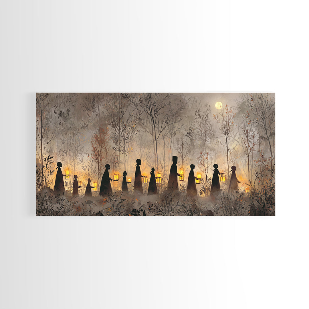 The Golden Funeral Procession - Icon Portrait, Macabre Halloween Art, Wide Panoramic Art, Framed Canvas Print, Halloween Home Decor