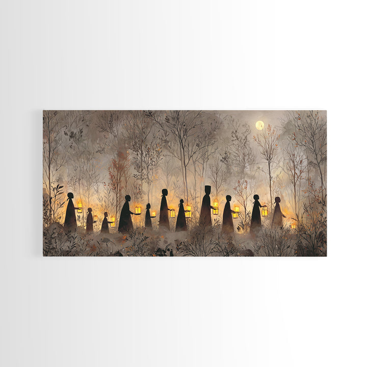 The Golden Funeral Procession - Icon Portrait, Macabre Halloween Art, Wide Panoramic Art, Framed Canvas Print, Halloween Home Decor