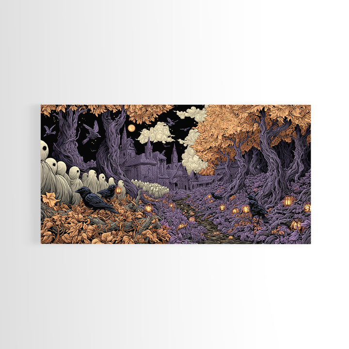 The Golden Funeral Procession - Environmental Panorama, Occult Wall Decor, Wide Panoramic Art, Canvas Print, Halloween Home Decor