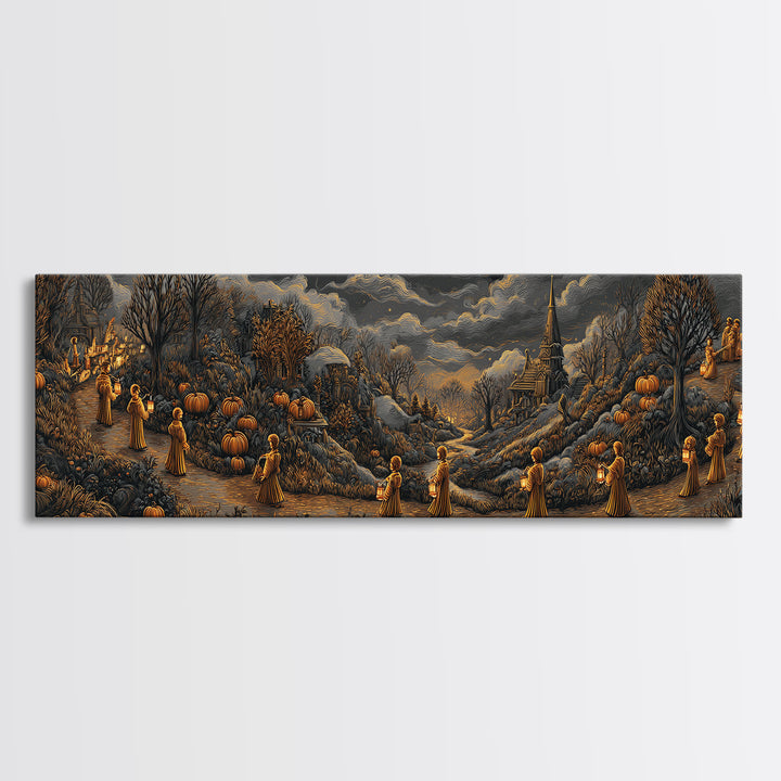 The Golden Funeral Procession - Environmental Panorama, Gothic Home Decor, Extra Wide Wall Art, Canvas Print, Halloween Home Decor
