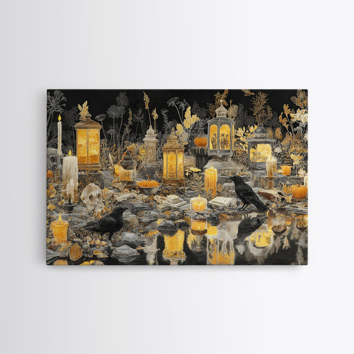 The Golden Funeral Procession - Occult Still Life, Halloween Wall Art, Landscape Wall Art, Framed Canvas Print, Halloween Home Decor