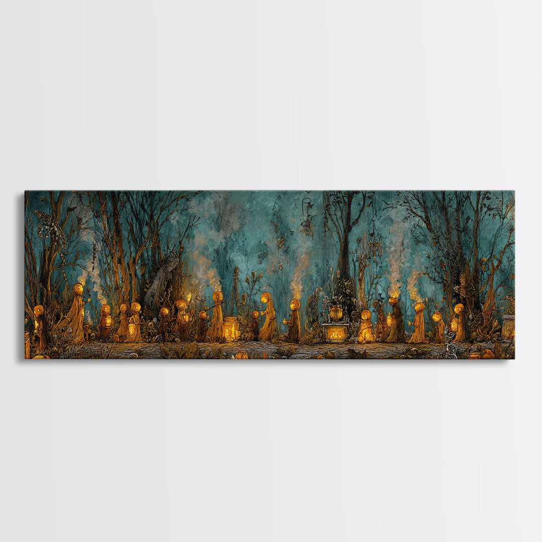 The Golden Funeral Procession - Occult Still Life, Halloween Wall Art, Extra Wide Wall Art, Framed Canvas Print, Halloween Home Decor