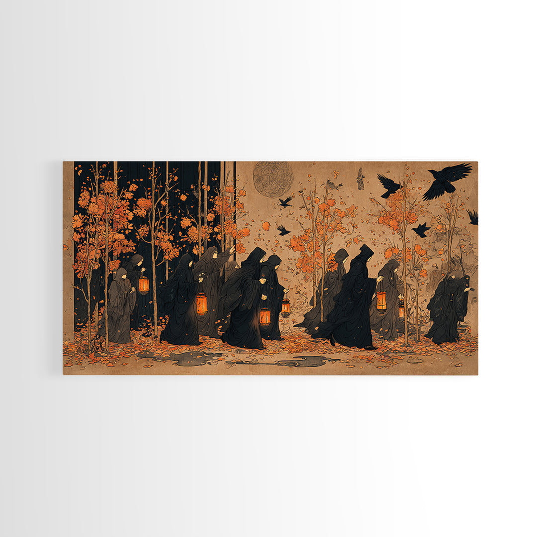 The Golden Funeral Procession - Procession Scene, Spooky Wall Decor, Wide Panoramic Art, Framed Canvas Print, Halloween Home Decor