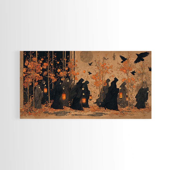 The Golden Funeral Procession - Procession Scene, Spooky Wall Decor, Wide Panoramic Art, Framed Canvas Print, Halloween Home Decor